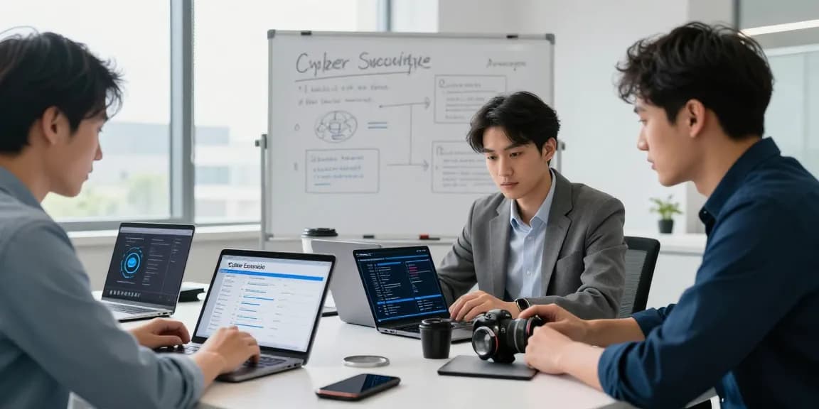 Cyber Essentials checklist being reviewed by cybersecurity experts in a modern office.