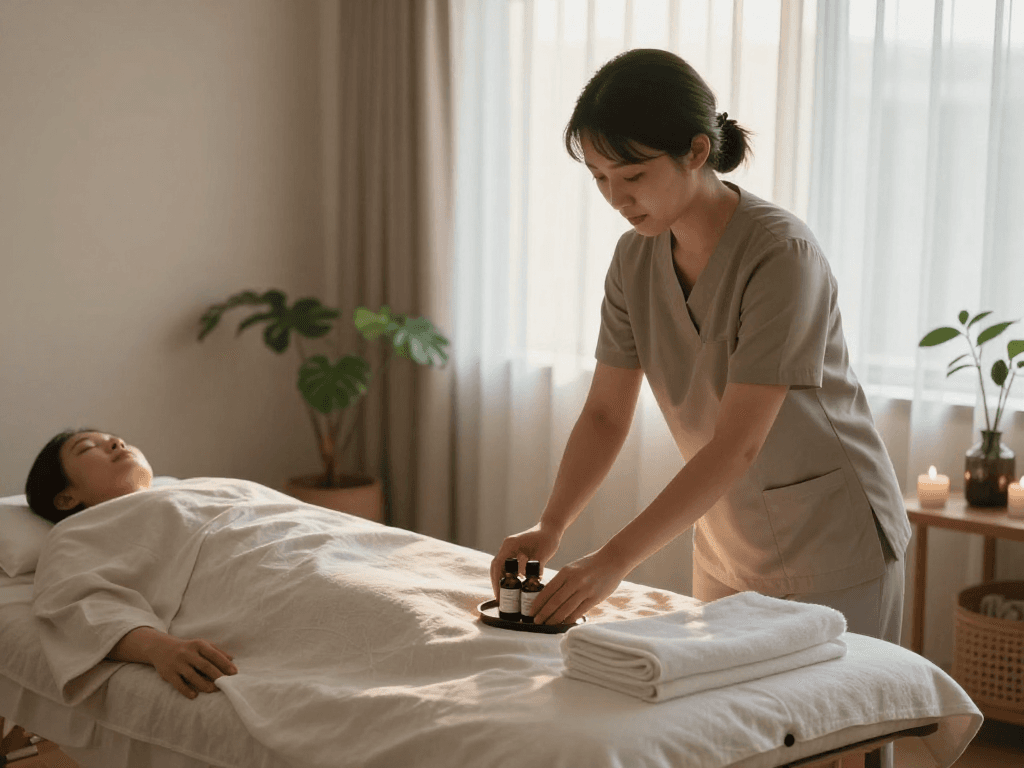 마포출장마사지 session in a serene home setting with relaxing atmosphere and professional therapist.