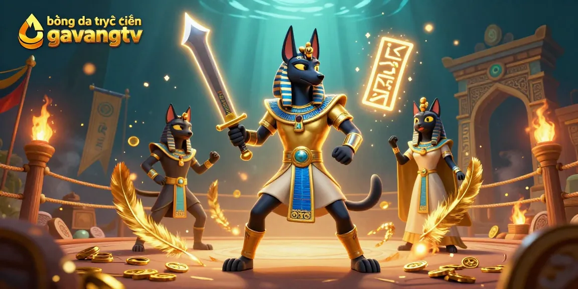 Bettors engage with bóng đá trực tuyến gavangtv in a vibrant ancient-themed gambling illustration.