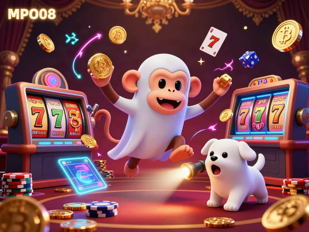 MPO08 interactive slot gameplay demonstrated by a mischievous monkey juggling coins in a haunted casino.
