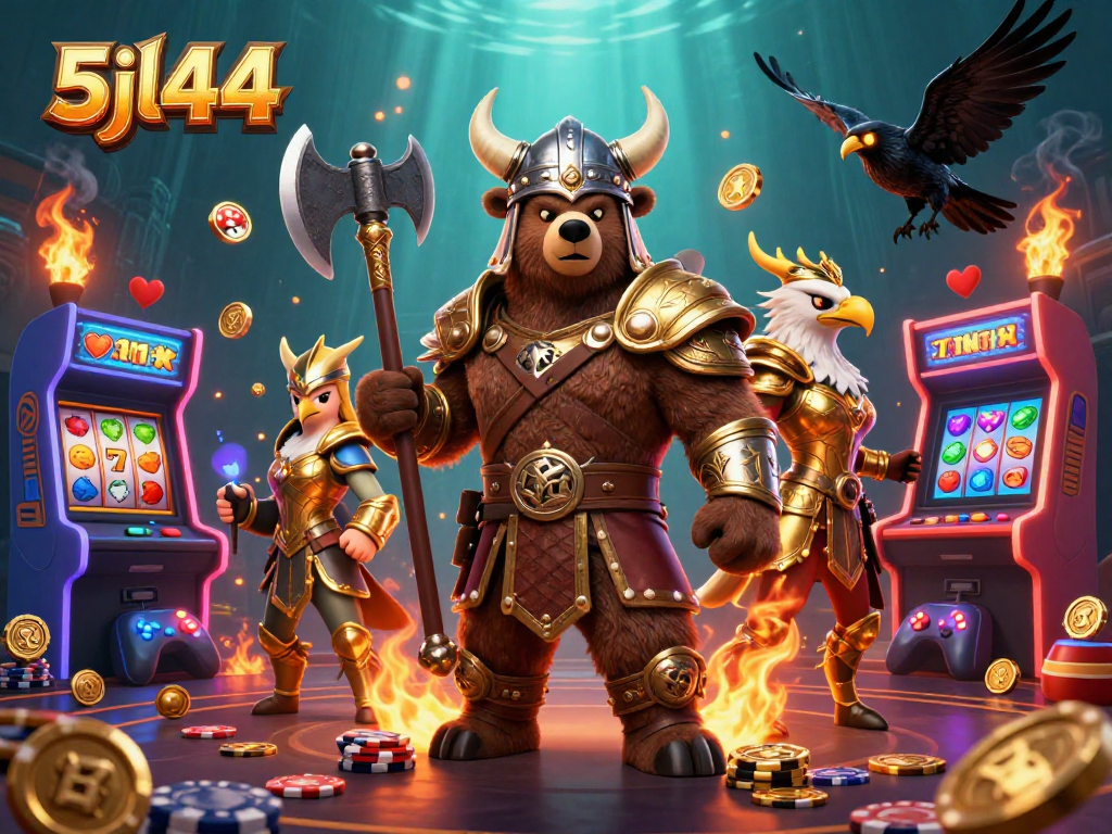 Engage in thrilling gameplay at 5jl44, featuring a Viking bear and Valkyrie in a vibrant casino scene.