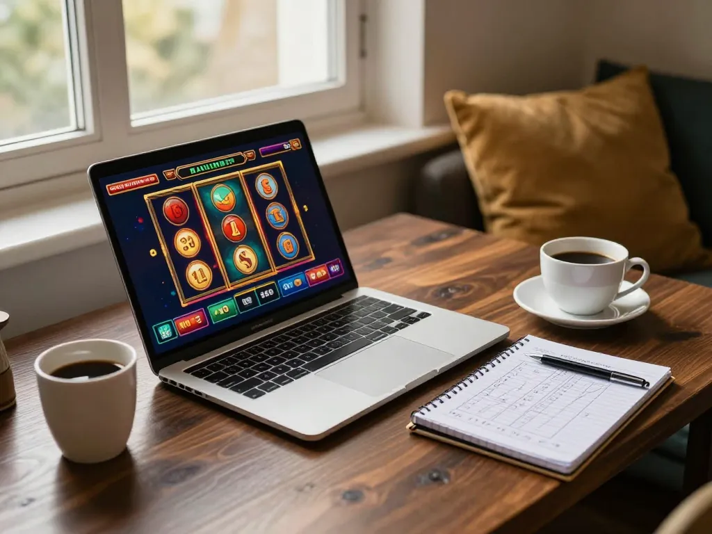 Mainecoasthemp players enjoying an engaging online slot game with a laptop while managing their bankroll effectively.