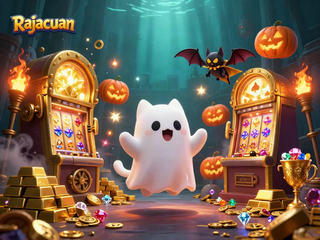 Engage with Rajacuan in this vibrant, dynamic casino scene highlighting joyful ghost characters and treasures.