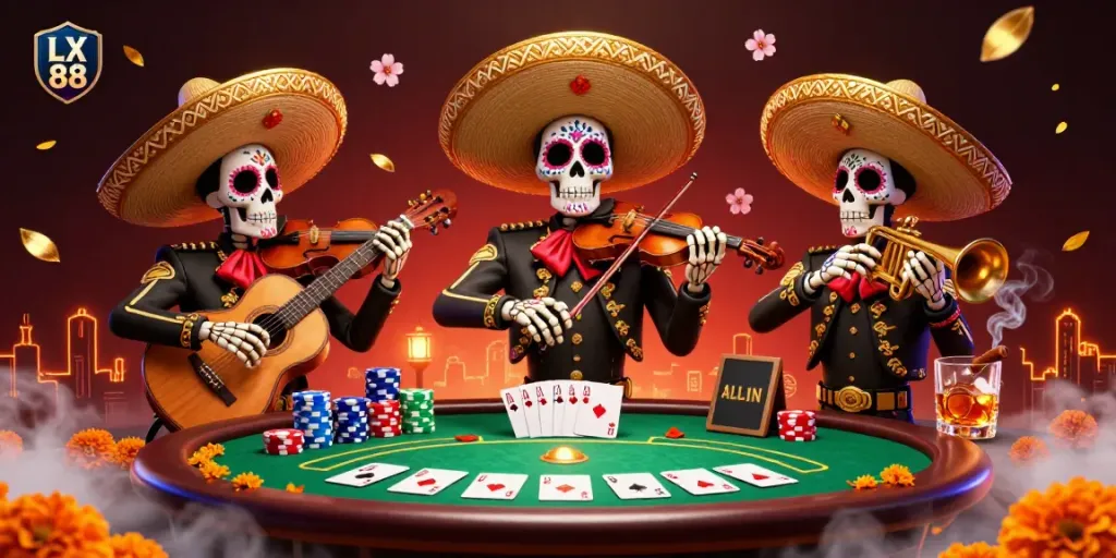Experience thrilling gaming with LX 88, where vibrant mariachis play amidst poker excitement.