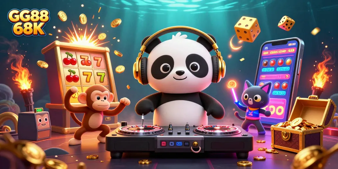 Experience the excitement of GG88 68K with a vibrant casino scene featuring a DJ panda and playful characters.