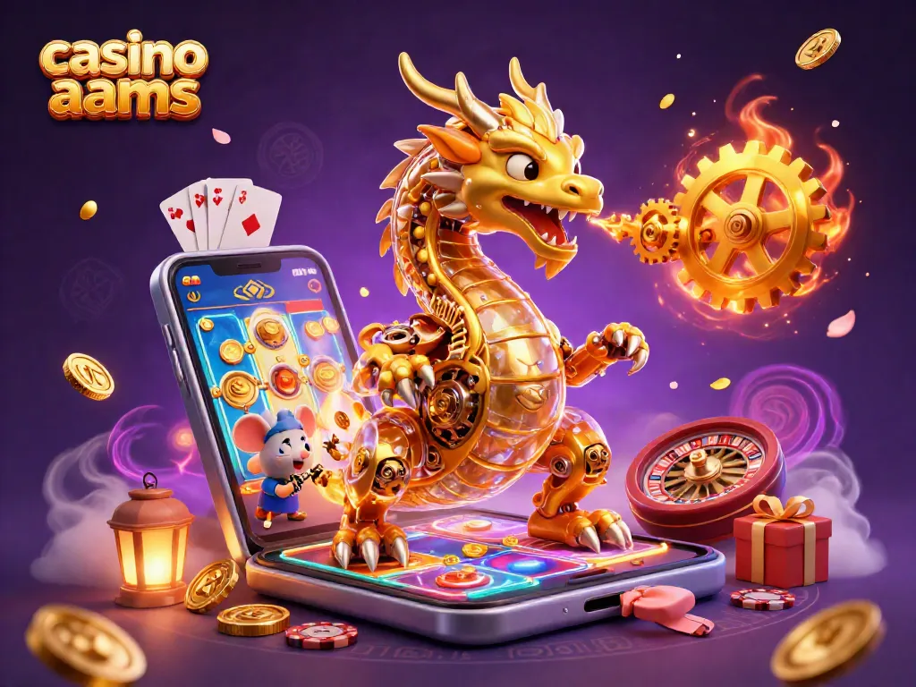 Giocando a casino non aams con un drago dorato e ingranaggi, slot machine e monete d'oro.