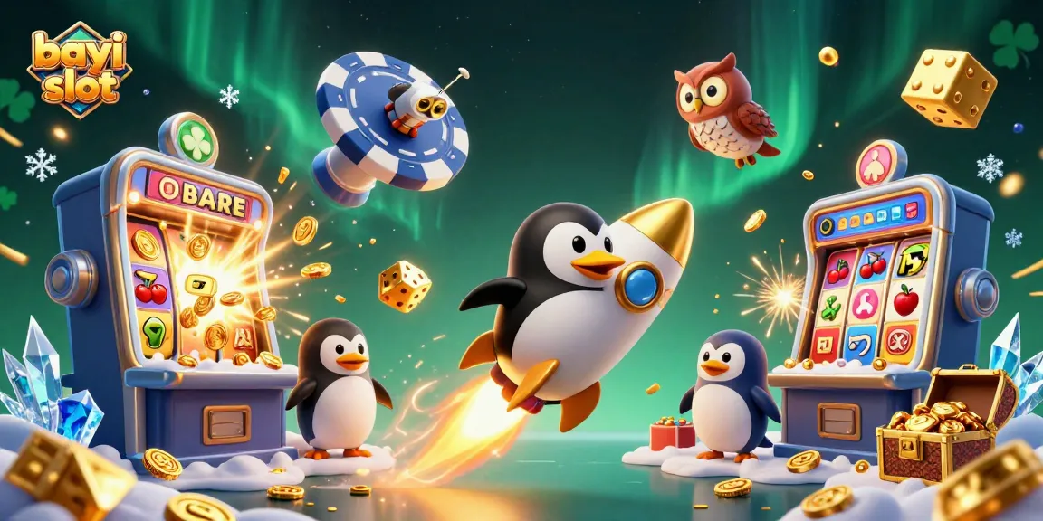 Bayi toto slot showcases a dynamic scene with a golden penguin, slot machines, and casino action.