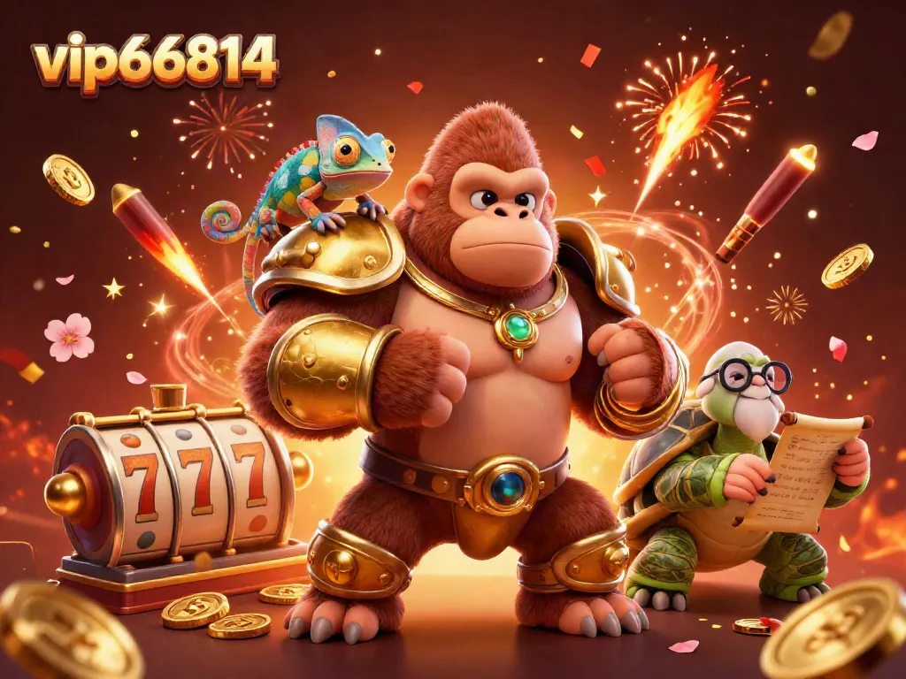 Engage with thrilling games at vip66814, featuring a vibrant casino scene with a gorilla king.