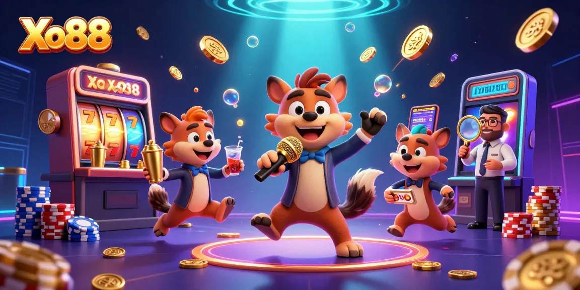 Xo88 illustrates a lively casino scene featuring hyenas engaged in comedy, bartending, and security.