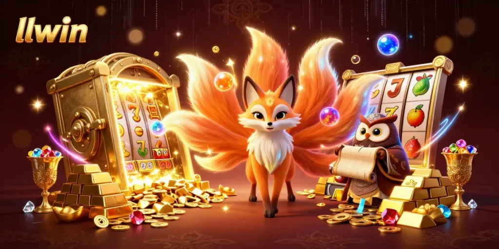 Engage in thrilling gaming at llwin with a nine-tailed fox and wise owl amidst golden treasures.
