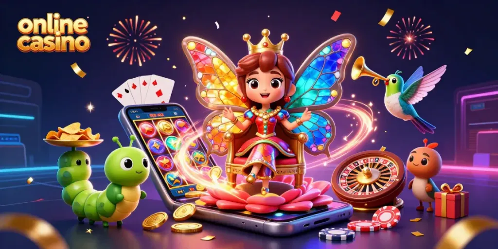 Juega en el casino online con la colorida reina mariposa y personajes que traen sorpresas.
