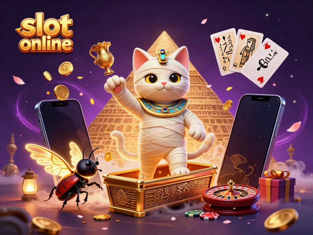 Experience thrilling slot online action with an Egyptian mummy cat and golden elements in this vibrant casino illustration.