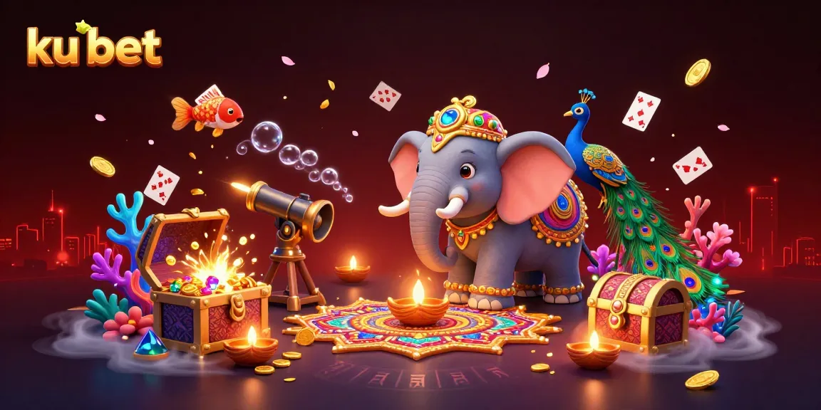 Engage with ku bet in this colorful 3D illustration showcasing a vibrant casino atmosphere, featuring an elephant and peacock.