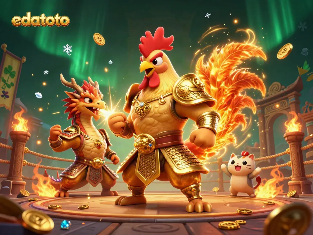 Experience the thrill of edatoto with a vibrant 3D action scene featuring a samurai rooster, dragon, and fortune cat.
