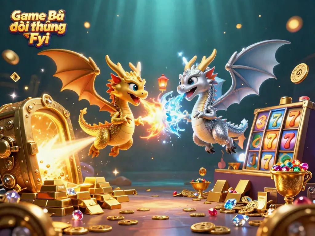 Experience the excitement of Game Bài Đổi Thưởng Fyi in this vibrant casino-themed illustration featuring dragons and treasures.