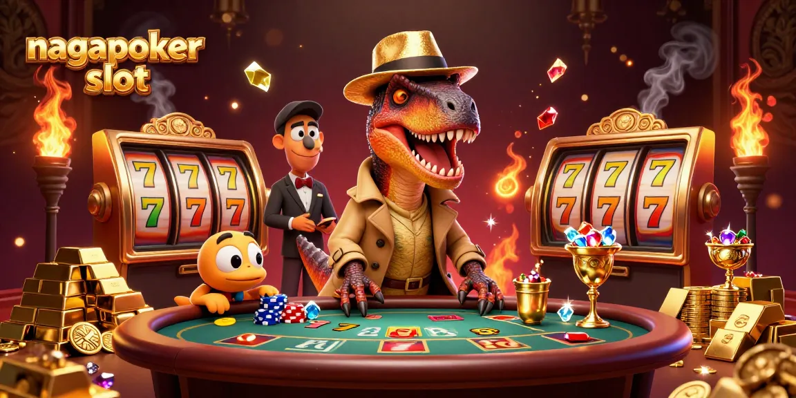 Experience thrilling gameplay with the nagapoker slot as cartoon characters engage at a lively casino.