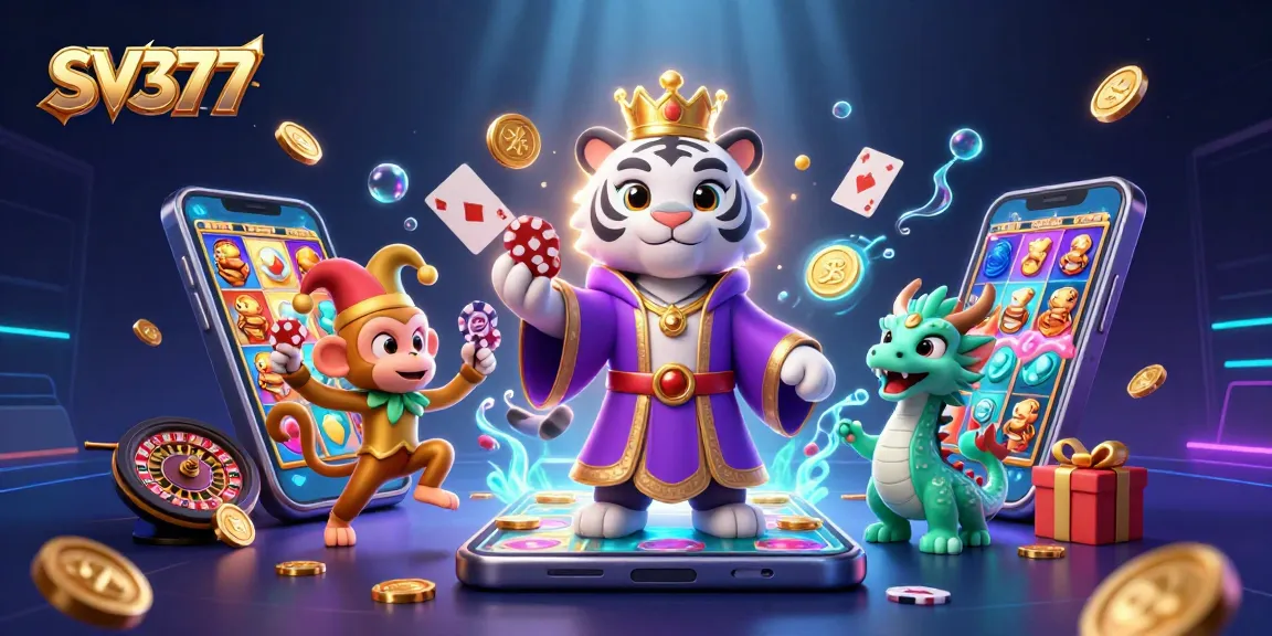 Engage with SV377 in an exciting casino scene featuring a regal tiger, playful monkey, and a jade dragon.