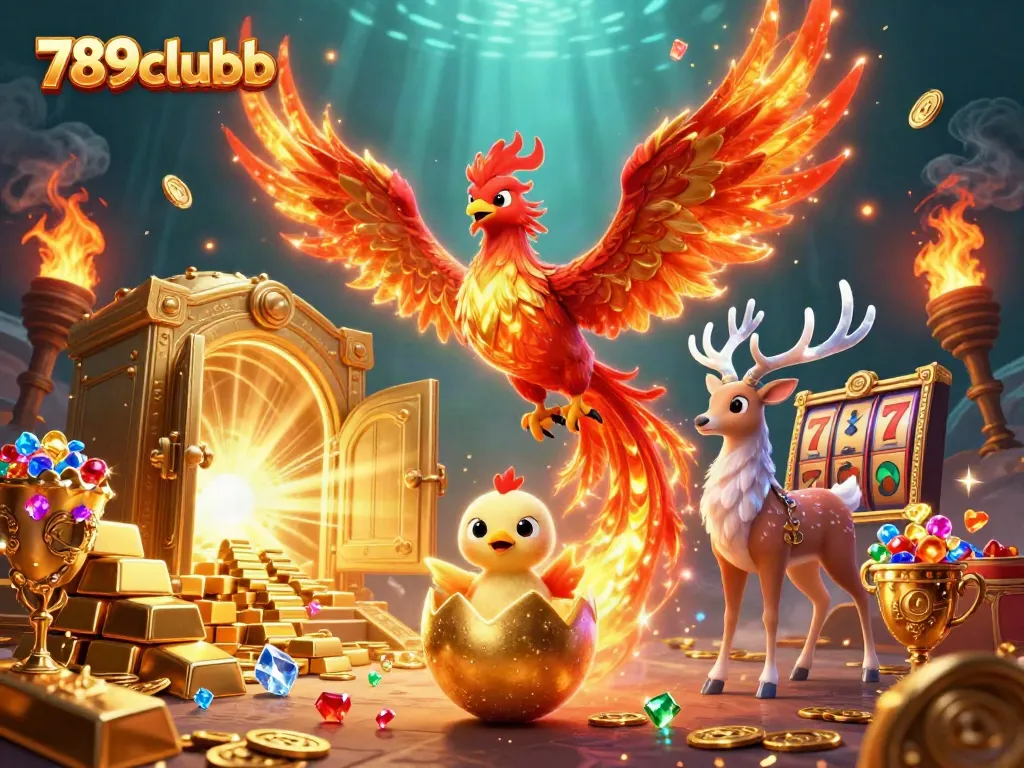 Engage with 789clubb in a vibrant casino scene featuring a phoenix and treasures