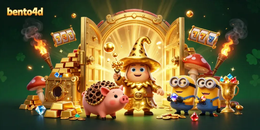 Experience thrilling wins with bento4d in this vibrant casino illustration showcasing magical golden elements.