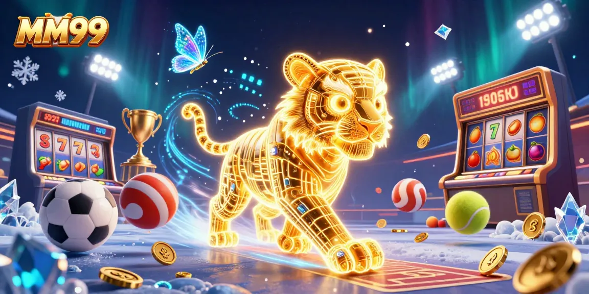 Engage with MM99 in a vibrant casino scene featuring a golden tiger and dynamic game elements.
