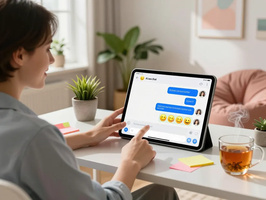 Engaging in a cozy ai sex chat on a tablet in a modern home office.