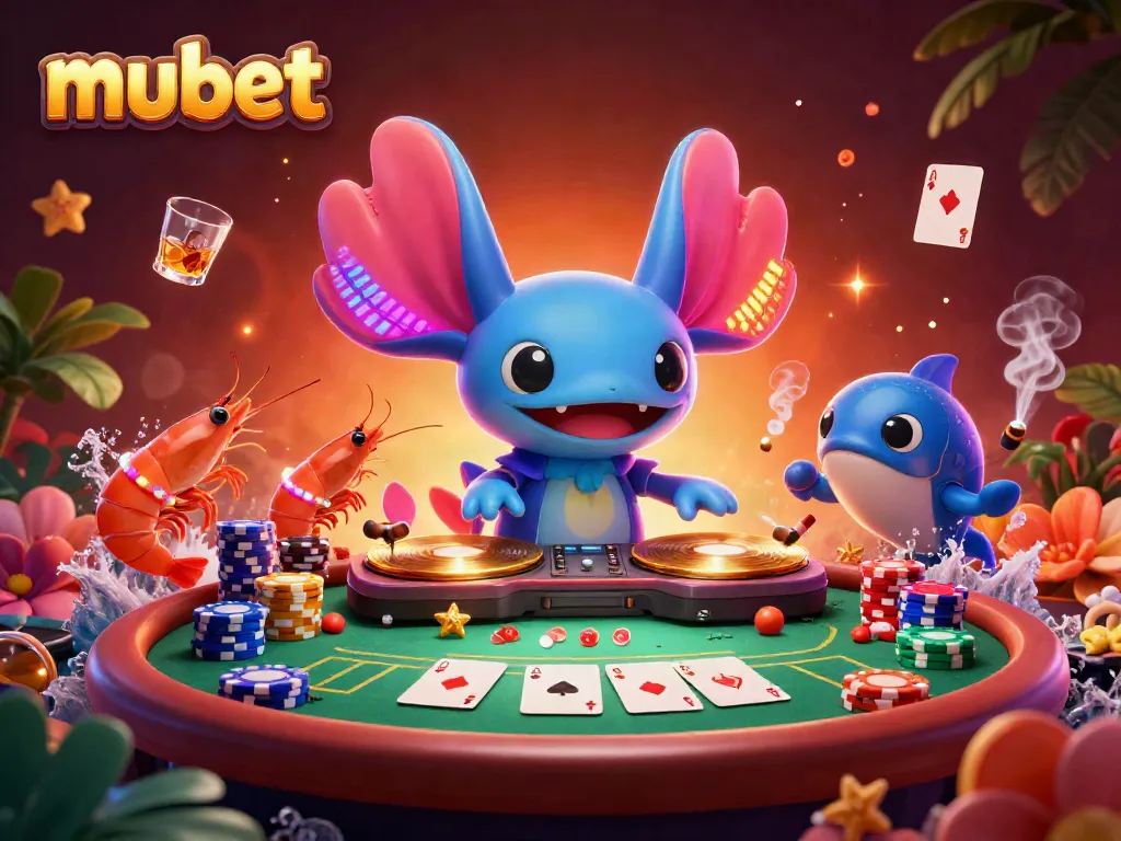 Experience the vibrant underwater casino atmosphere with mubet featuring an axolotl DJ and poker game elements.
