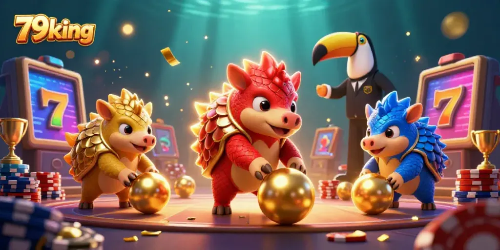 Experience thrilling wins at 79king as pangolins roll through golden slot reels and poker chips.