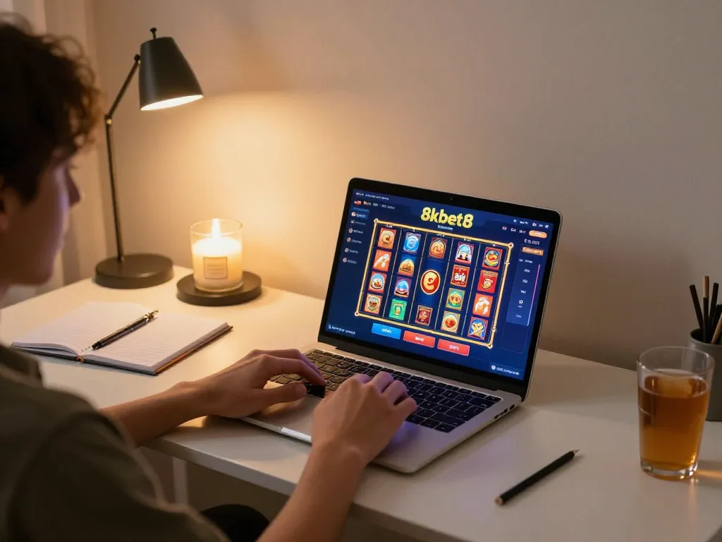 Engaged player using 8kbet8 online casino interface on laptop in cozy home setup.