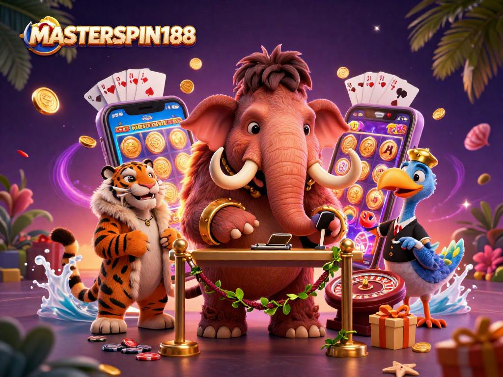 Engage in exciting gaming experiences at MASTERSPIN188 while enjoying vibrant illustrated casino scenes.
