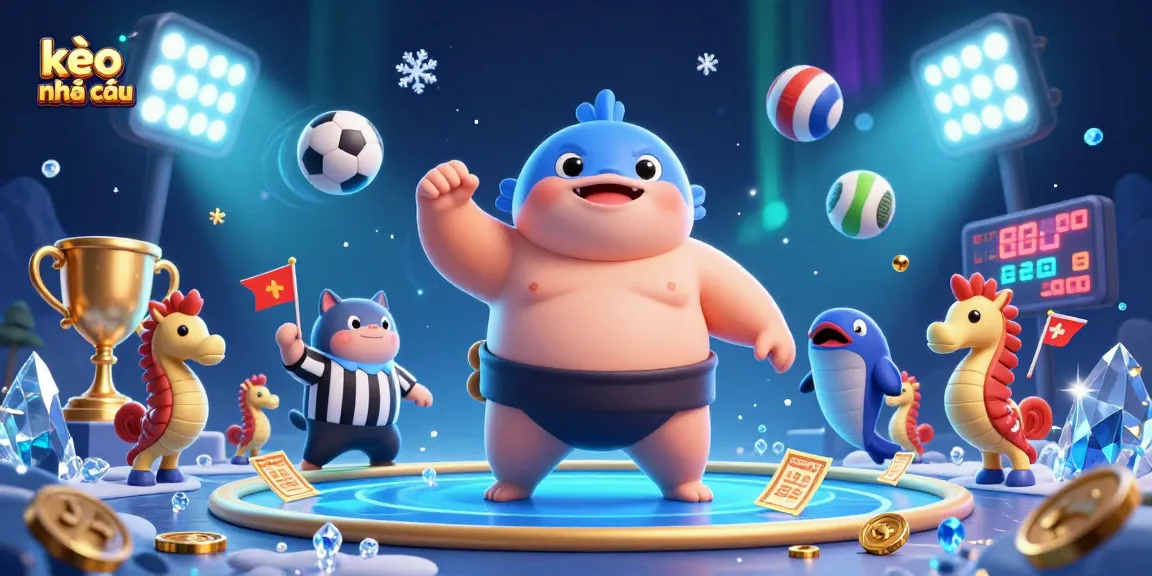 Experience the excitement of kèo nhà cái with a lively underwater sports scene featuring a fugu, catfish referee, and vibrant sports balls.