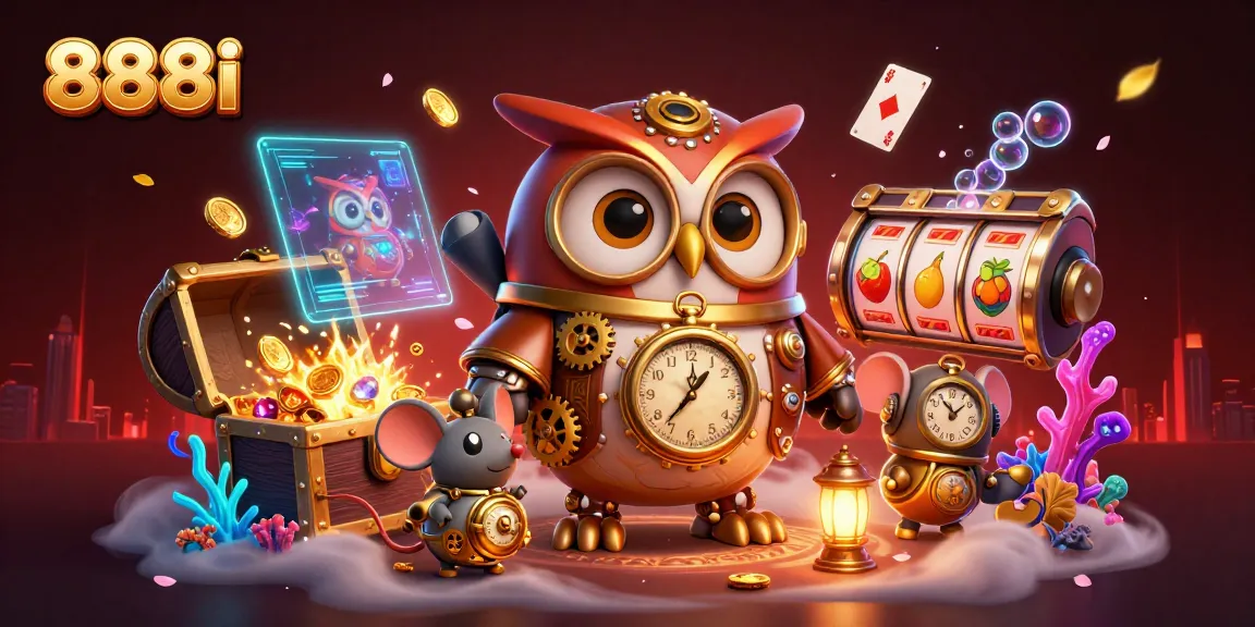 Experience 888i’s vibrant casino adventure with a dynamic steampunk owl and engaging game elements.