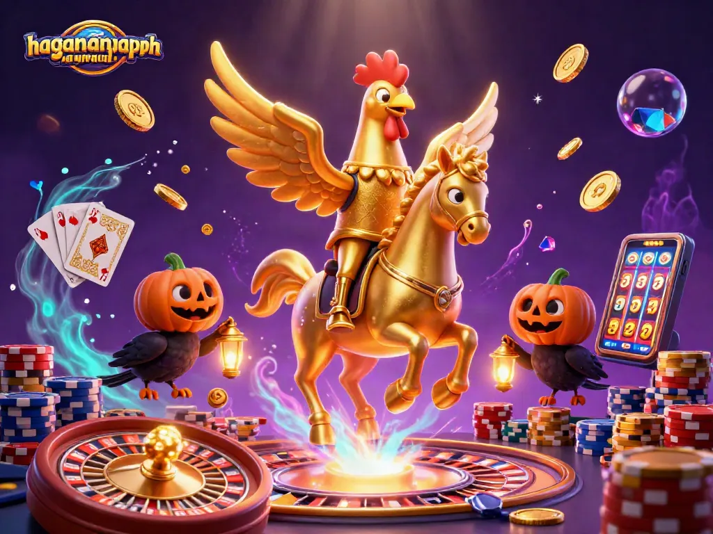 Experience the thrill of gaming with haganandpappin, featuring a golden rooster in a dynamic casino scene.