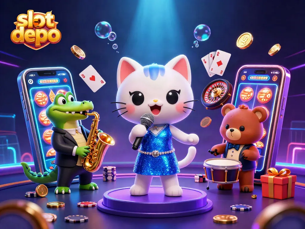 Spin to win at slot depo 5000 with a vibrant casino scene featuring cartoon characters.