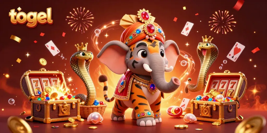 Engage in thrilling togel experiences with a 3D illustration of a royal tiger and elephant amidst vibrant casino elements.