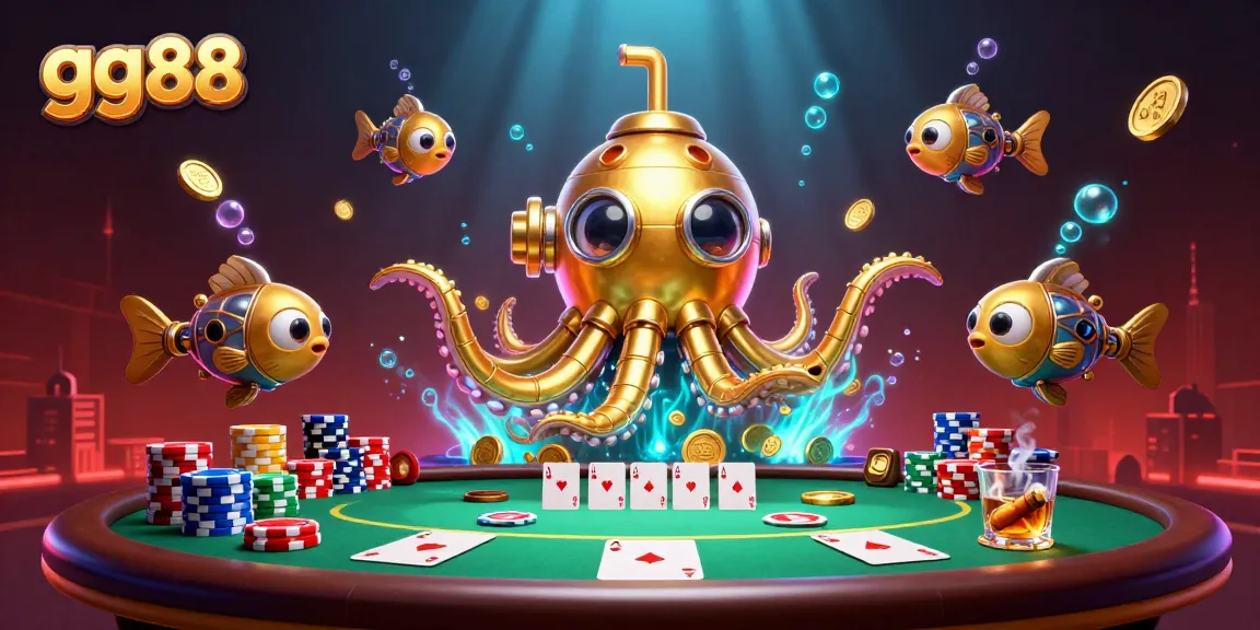 Win with gg88 in this vibrant 3D casino scene showcasing rich poker elements and a golden kraken.