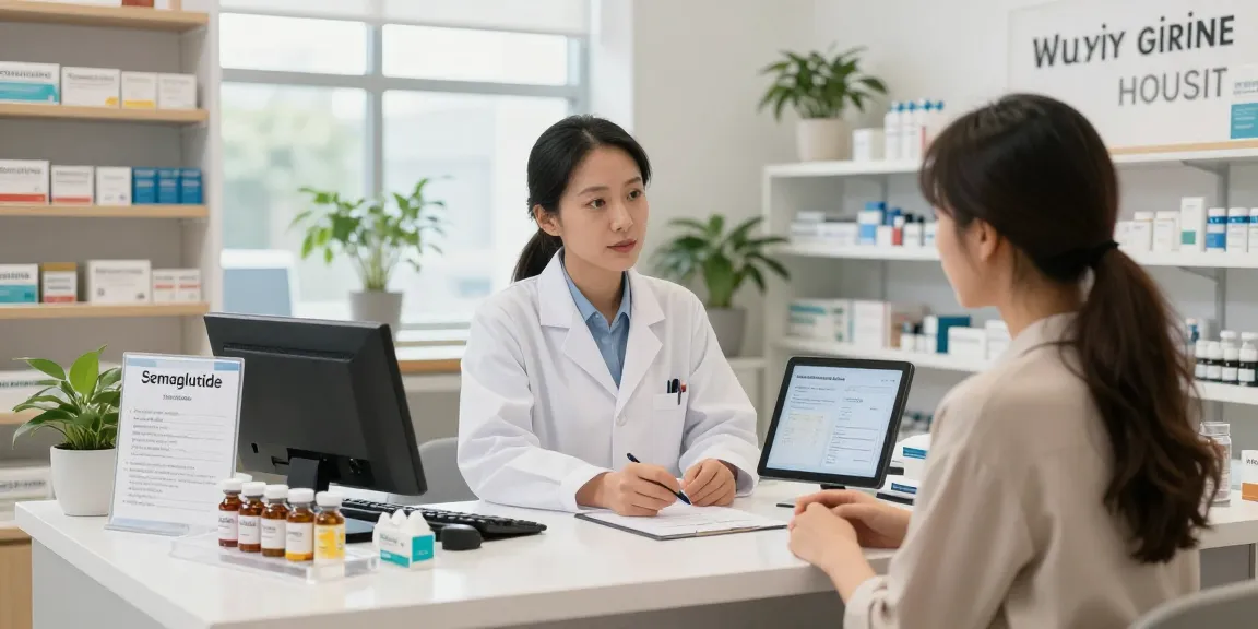 Canadian semaglutide supplier consulting in a bright pharmacy, highlighting wellness and health.