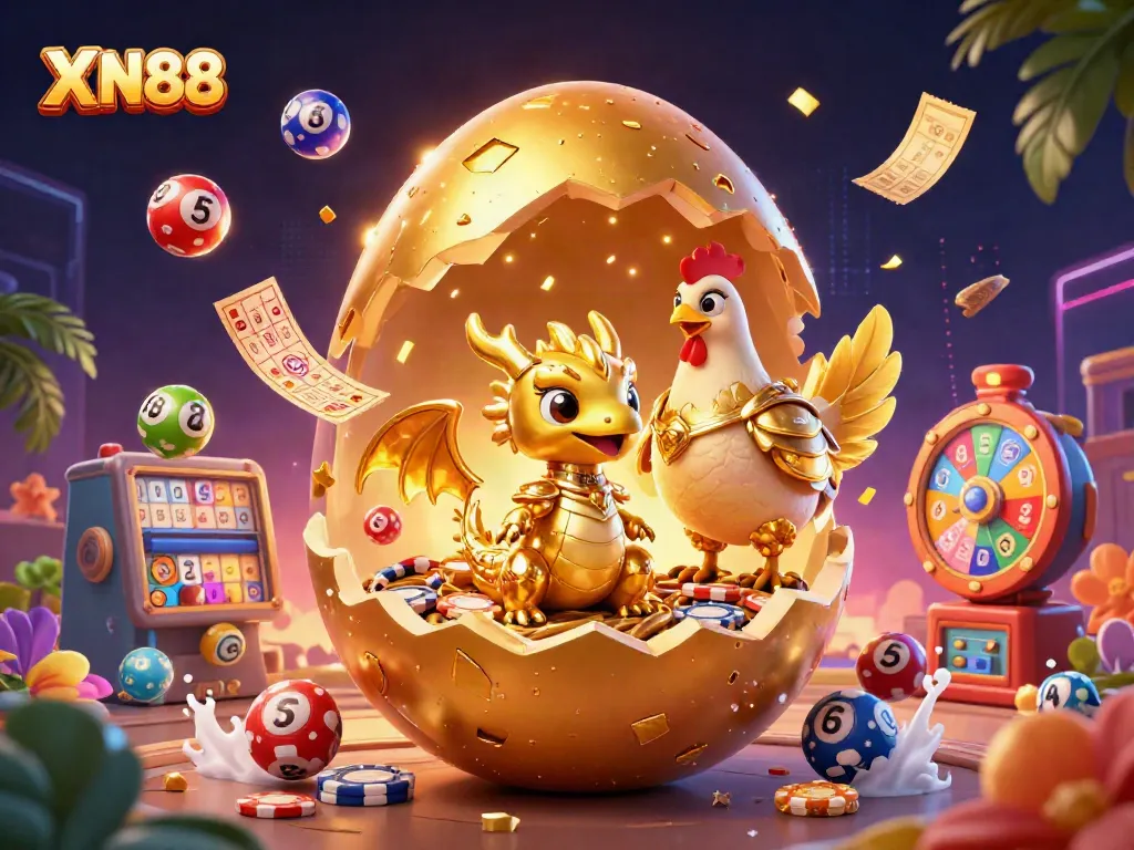 Experience thrilling action with XN88 as the golden egg reveals a golden dragon, surrounded by colorful lottery elements.