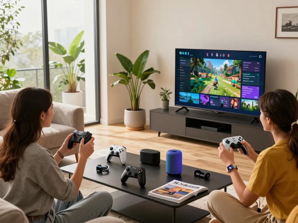 Showcasing trending tech gadgets like game controllers and smartwatches in a modern living room setup.