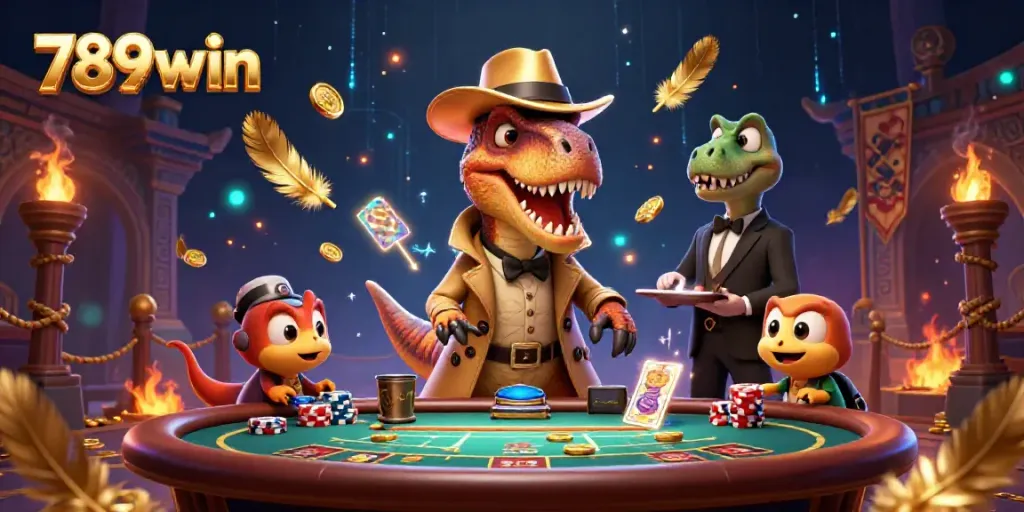 Experience thrilling action at 789win with a velociraptor card counter and a stegosaurus pit boss in a vibrant casino setting.