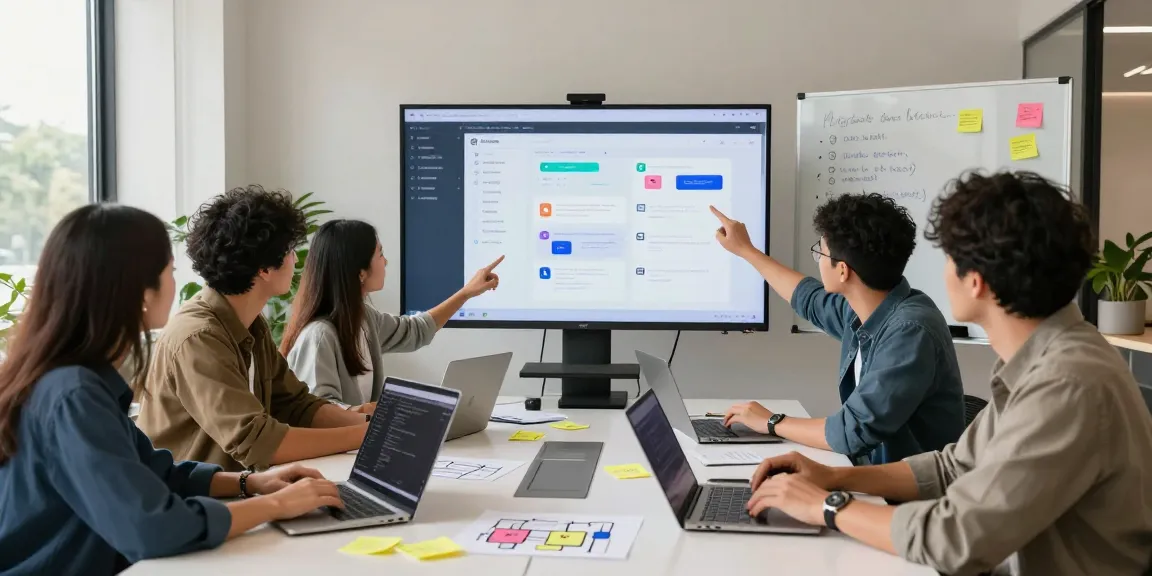Team collaborating to build internal tools with AI in a modern workspace.