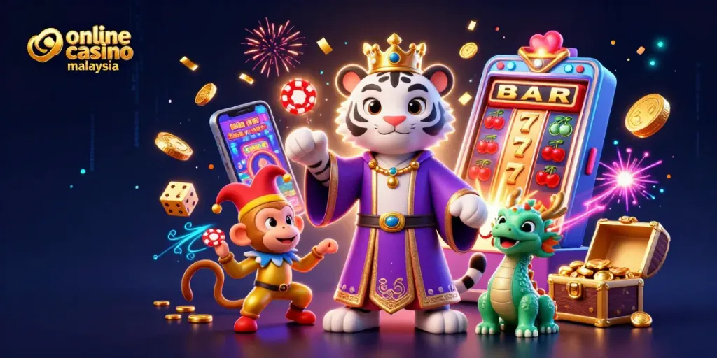 Engage at the finest online casino Malaysia, with a captivating scene featuring a white tiger, monkey, and jade dragon amid casino riches.
