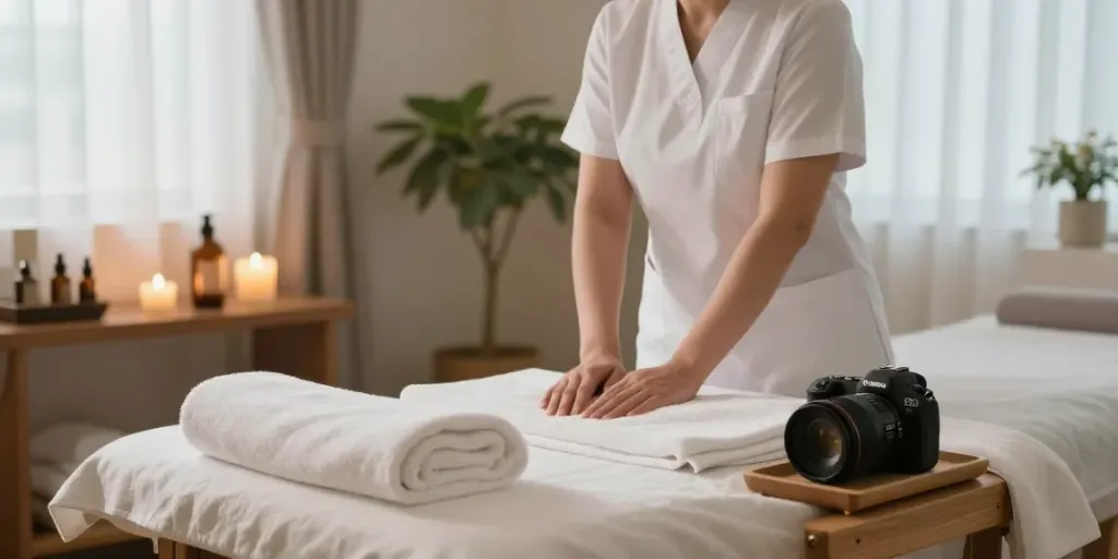 Calm spa room for 송파출장안마 with massage table, essential oils, and soft lighting.