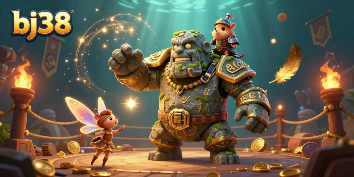Engage in thrilling games at bj38 with captivating golem guardian illustration and magical elements.