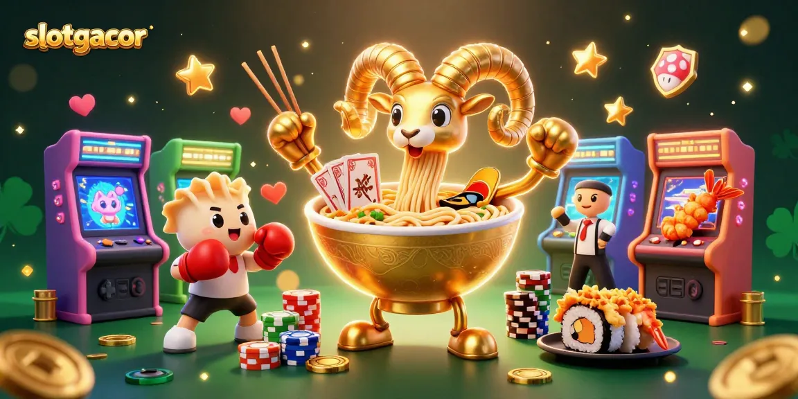Engage with slotgacor as a colorful giant ramen bowl deals cards in a vibrant casino scene.