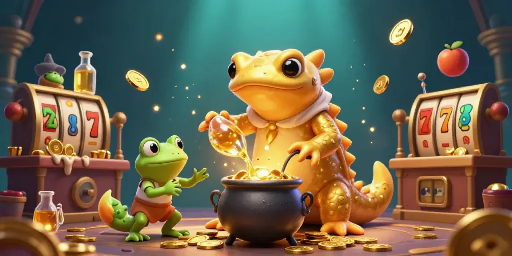Engage with the playful magic of Trang chủ 789bet in this vibrant 3D casino scene featuring golden salamanders and exciting slot elements.