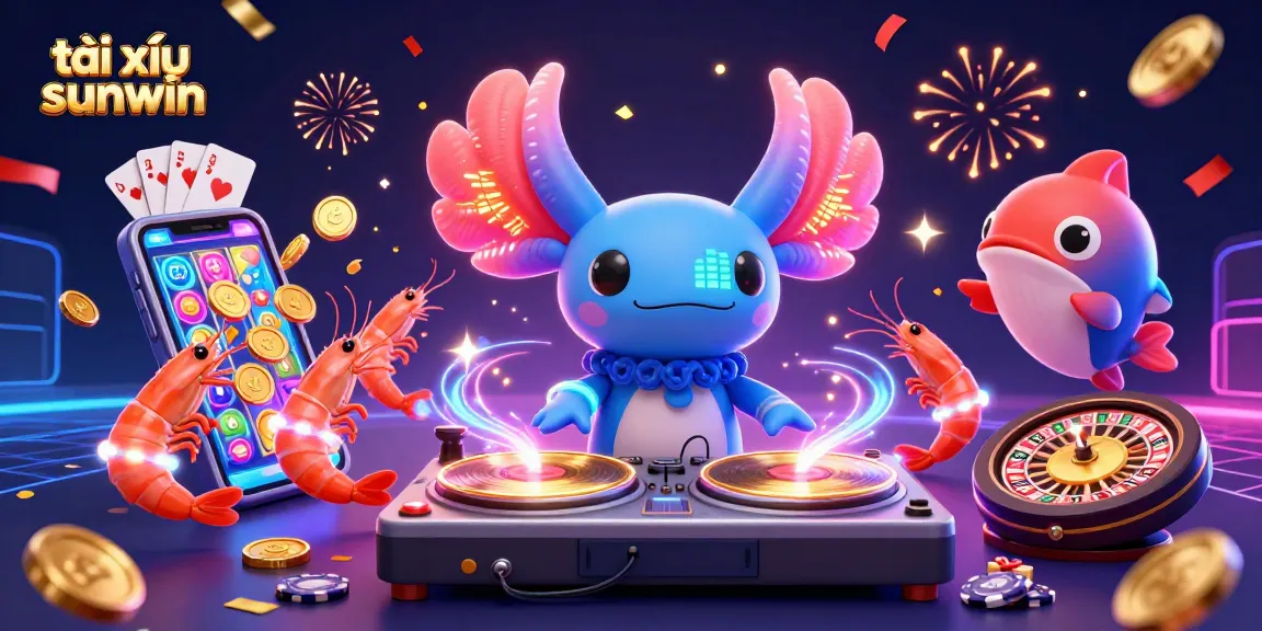 Tài xỉu sunwin gameplay features an energetic axolotl DJ and lively underwater characters.