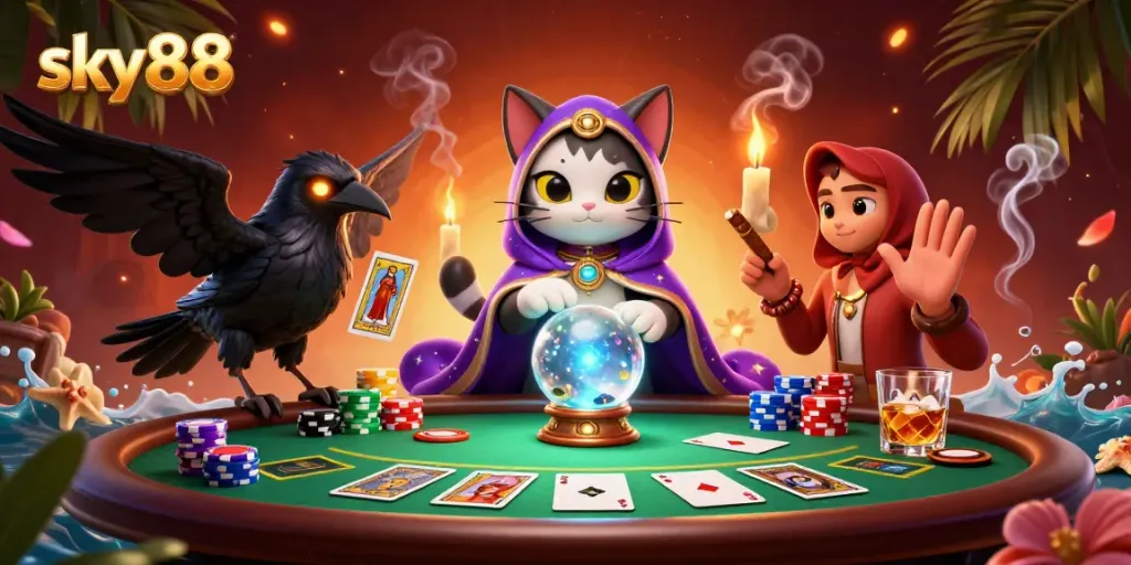 Experience thrilling gameplay at sky88 with a vibrant casino scene filled with poker action.