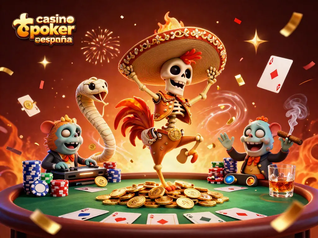 Emocionante ilustración 3D de póker online en España con personajes únicos celebrando.