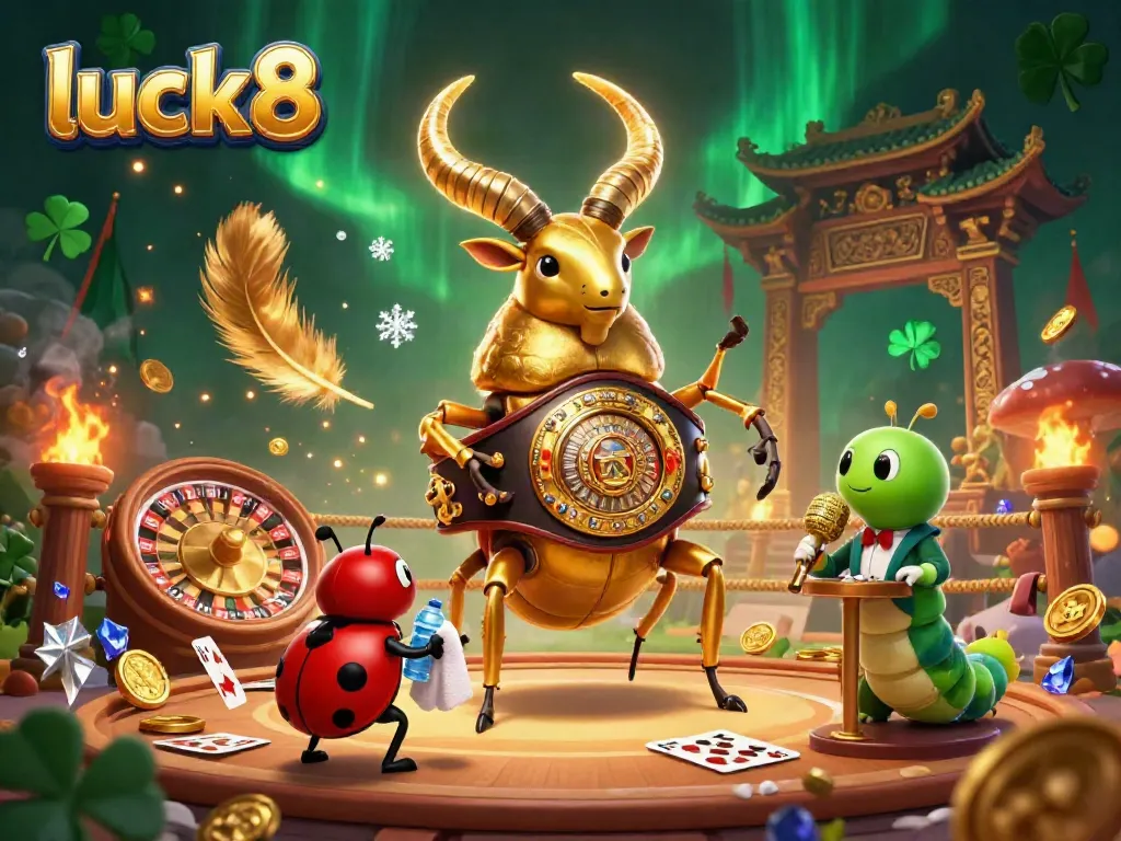 Experience excitement at luck8, featuring a golden stag beetle champion in a vibrant casino scene surrounded by cards and roulette.
