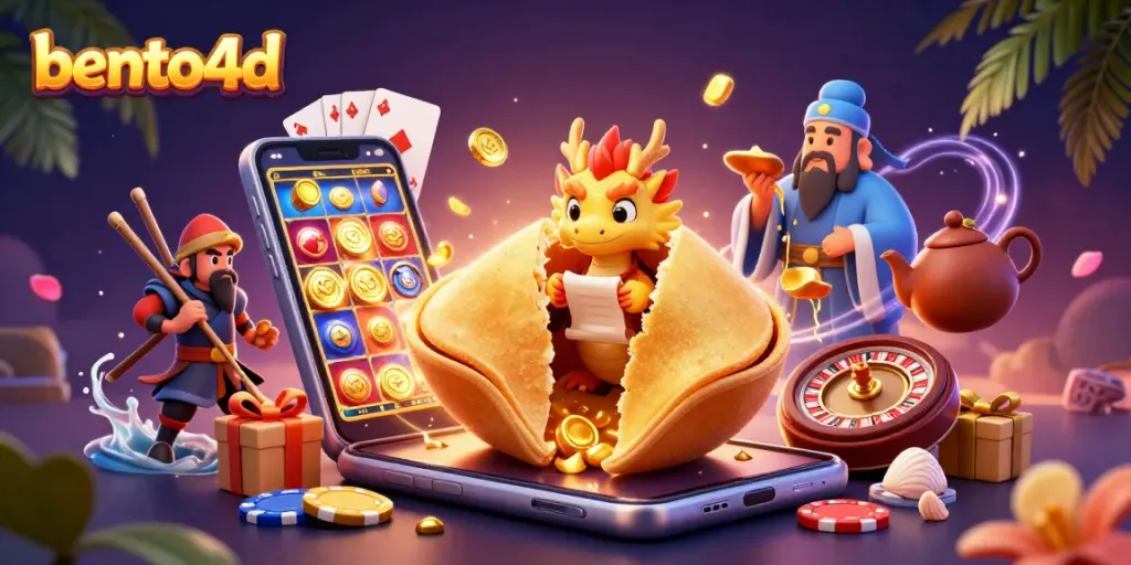 Bento4d showcases a vibrant 3D scene, featuring golden fortune elements and dynamic slot games.